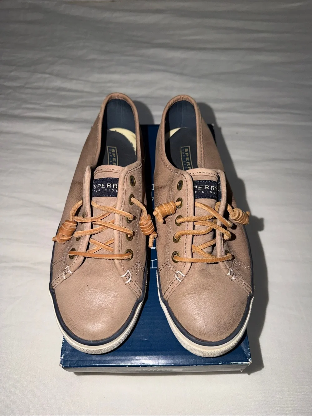 Sperry Low-Top Leather Sneakers in Tan with Navy Trim